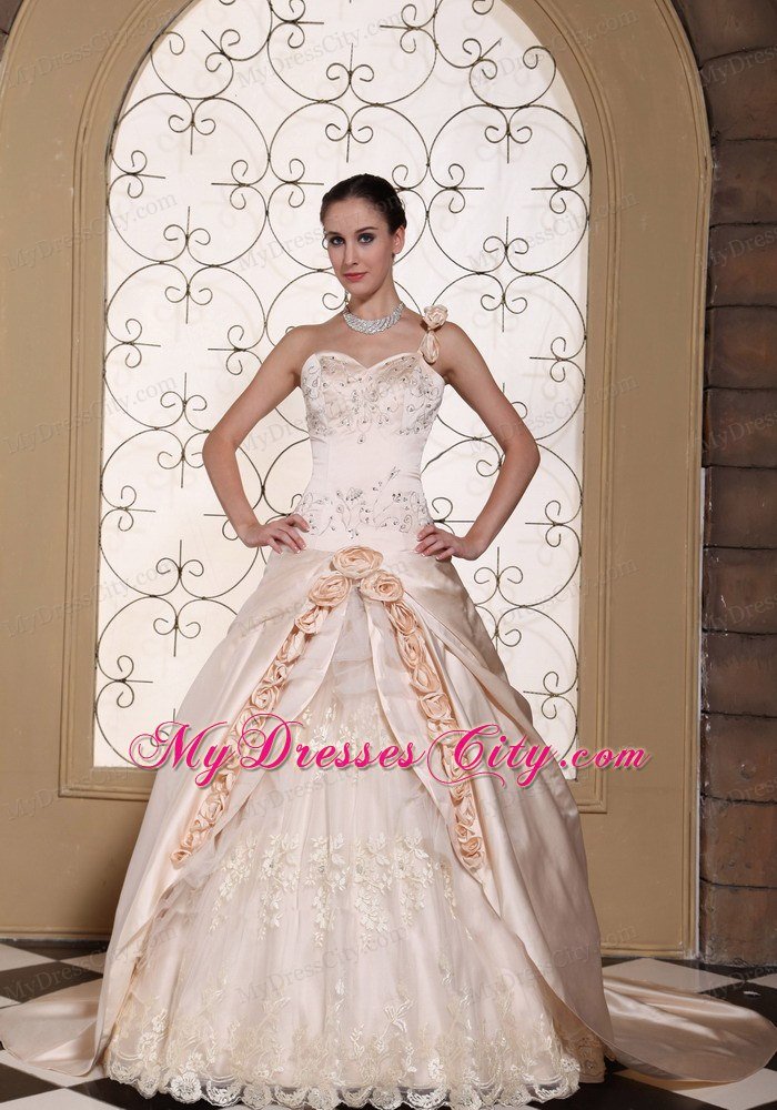 One Shoulder Champagne Wedding Gown with Flowers and Embroidery