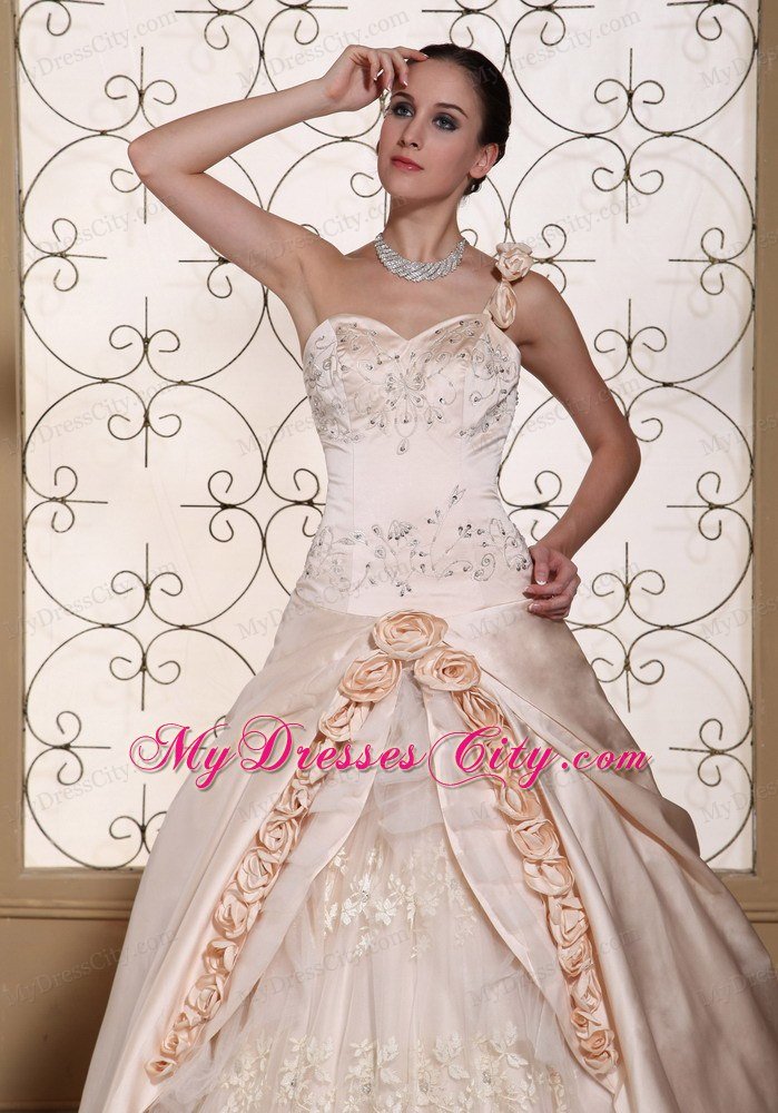 One Shoulder Champagne Wedding Gown with Flowers and Embroidery