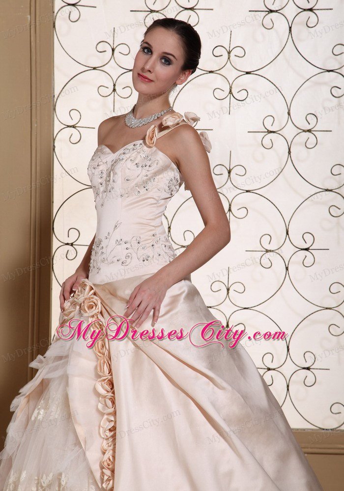 One Shoulder Champagne Wedding Gown with Flowers and Embroidery