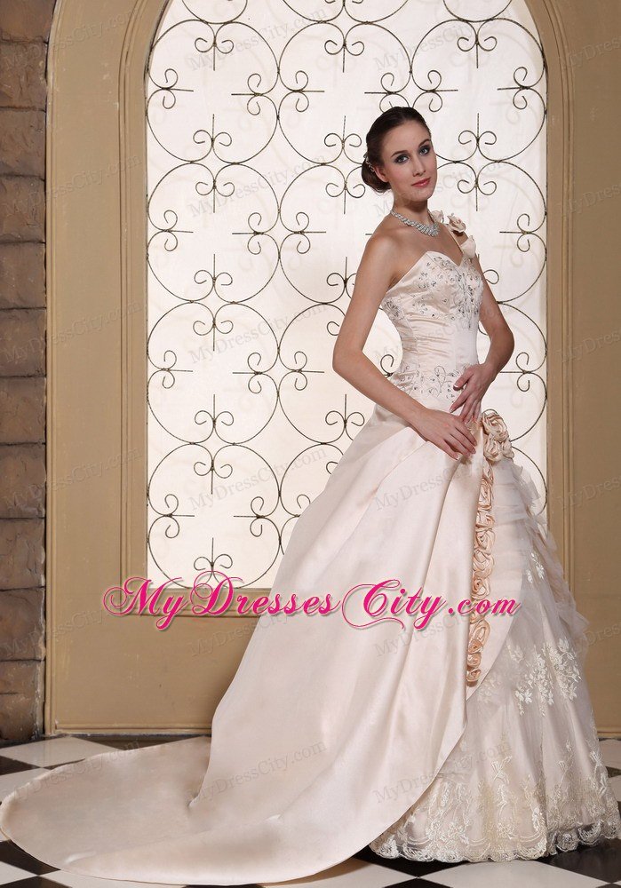 One Shoulder Champagne Wedding Gown with Flowers and Embroidery