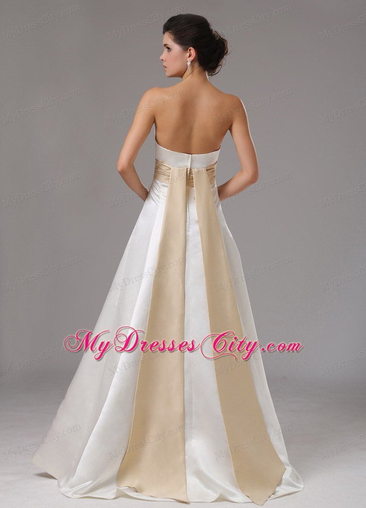 Modest Floor-length Satin Wedding Dress with Champagne Sash
