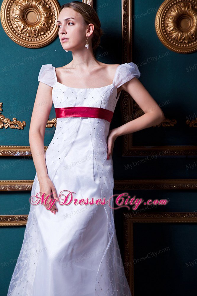Cap Sleeves Square Lace Wedding Dress with Wine Red Sash