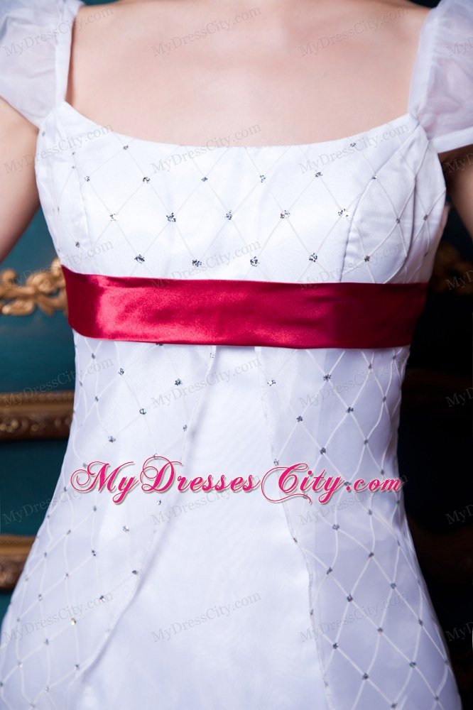 Cap Sleeves Square Lace Wedding Dress with Wine Red Sash