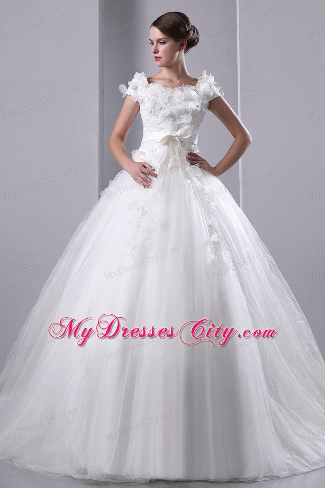 Short Sleeves Floral Embellished Bridal Gown with Bowknot Sash