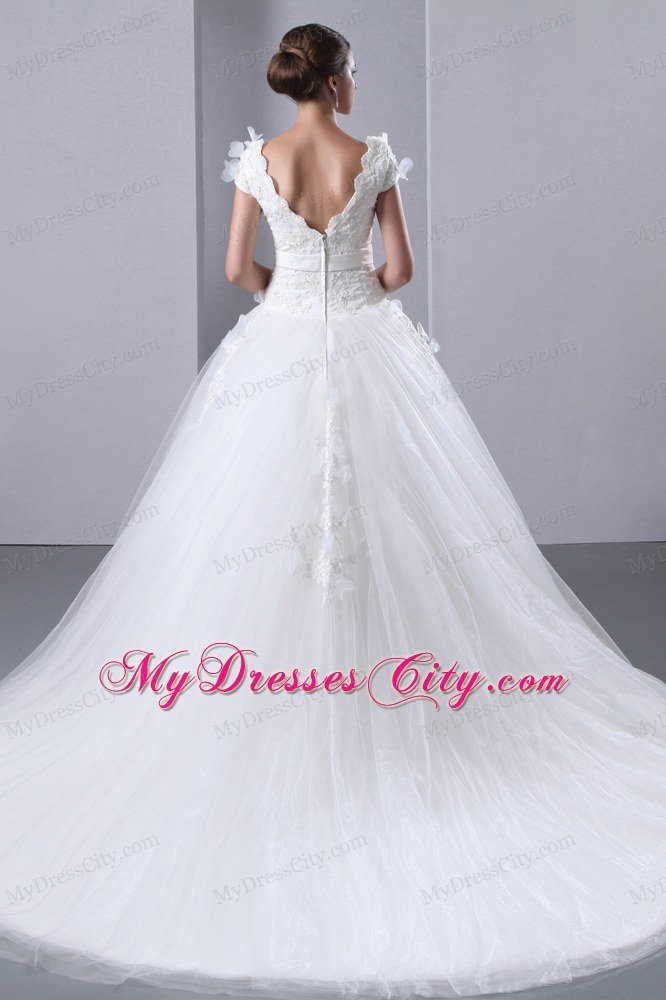 Short Sleeves Floral Embellished Bridal Gown with Bowknot Sash