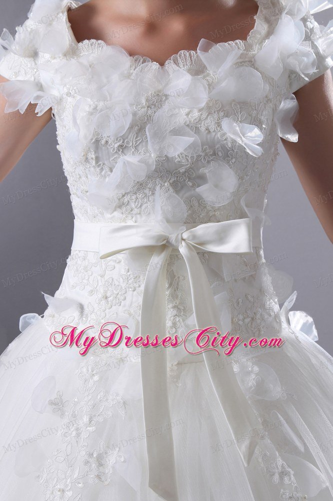 Short Sleeves Floral Embellished Bridal Gown with Bowknot Sash