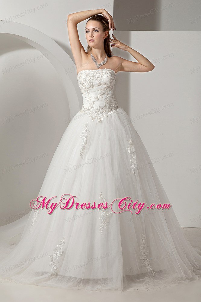 A-line Wedding Gown Strapless Chapel Train Tulle with Appliques