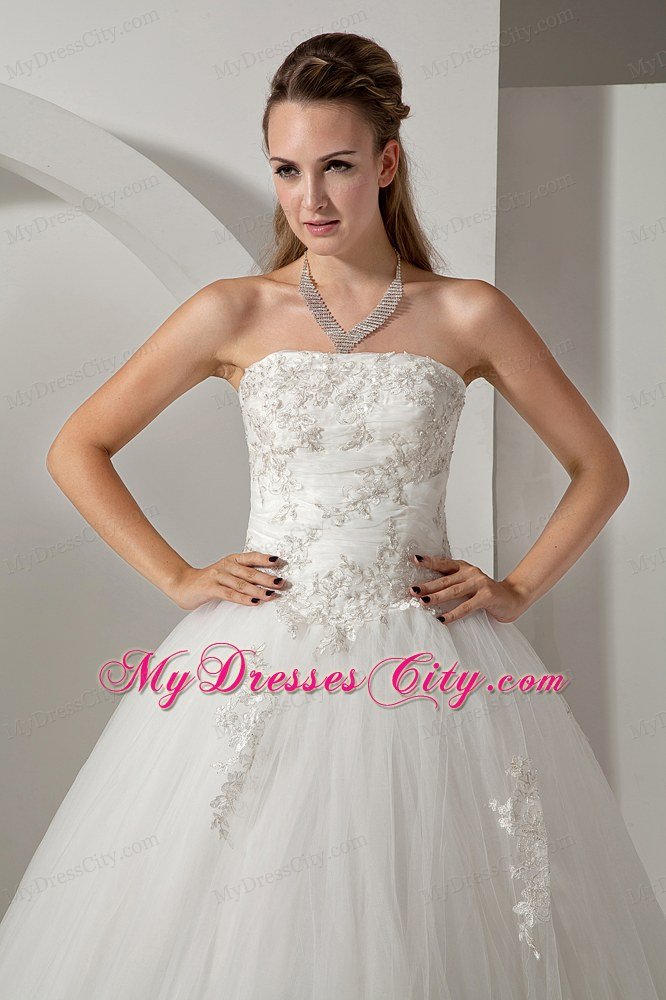 A-line Wedding Gown Strapless Chapel Train Tulle with Appliques