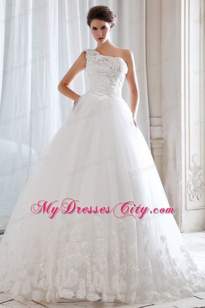One Shoulder Beading Lace Flowers Wedding Gown with Court Train