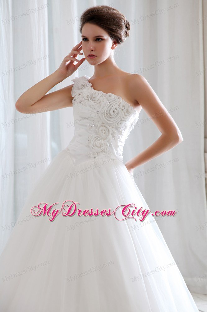 One Shoulder Beading Lace Flowers Wedding Gown with Court Train
