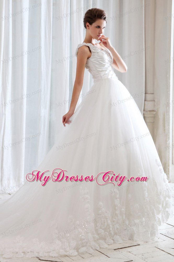 One Shoulder Beading Lace Flowers Wedding Gown with Court Train