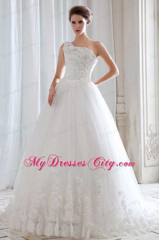 One Shoulder Beading Lace Flowers Wedding Gown with Court Train