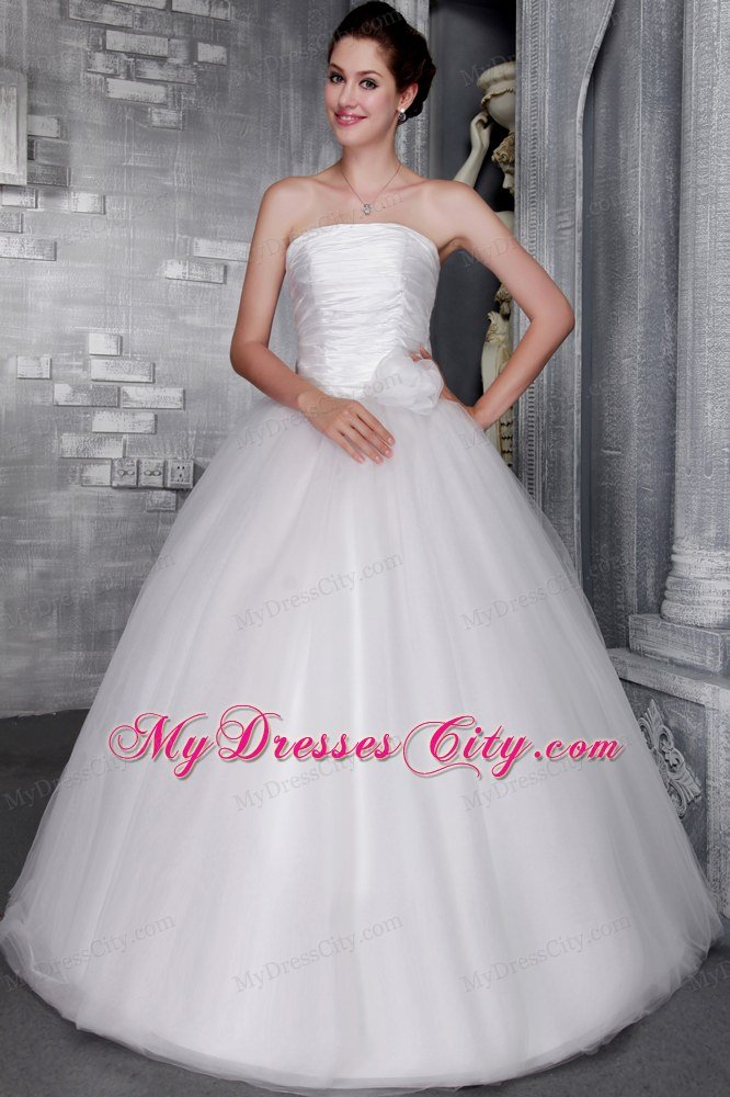 A-Line Princess Long Ruched Hand Made Flower Bridal Gown