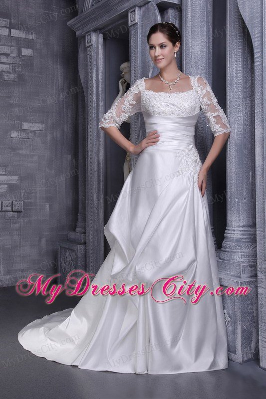 A-line Square Taffeta Lace Bridal Gown Brush Train With Half Sleeves