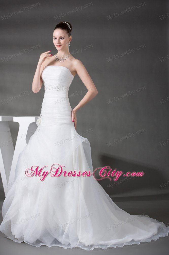 A-line Strapless Ruching Appliques Wedding Dress with Pick-ups
