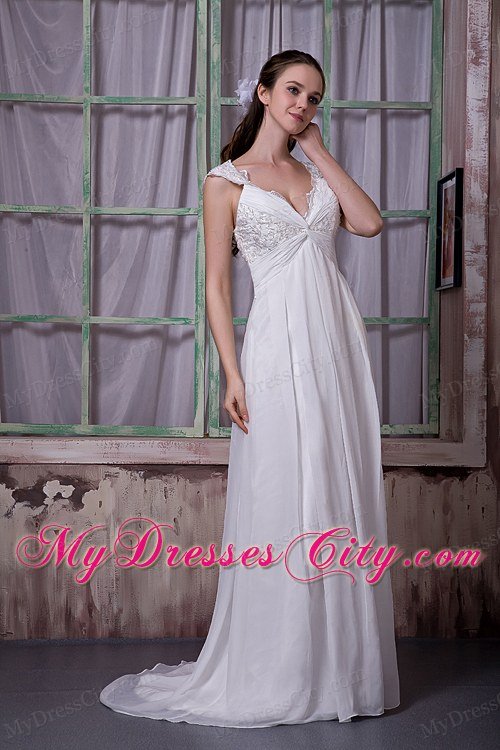 Empire V-neck Appliques Maternity Wedding Dresses with Brush Train