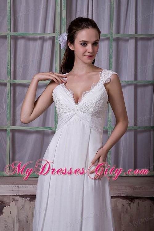 Empire V-neck Appliques Maternity Wedding Dresses with Brush Train