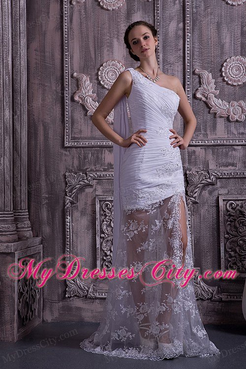 Single Shoulder Watteau Train Lace Appliques Summer Wedding Dress