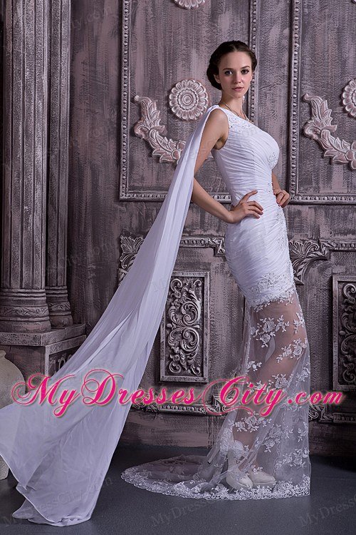 Single Shoulder Watteau Train Lace Appliques Summer Wedding Dress