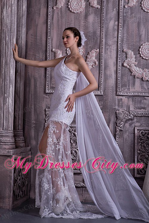 Single Shoulder Watteau Train Lace Appliques Summer Wedding Dress