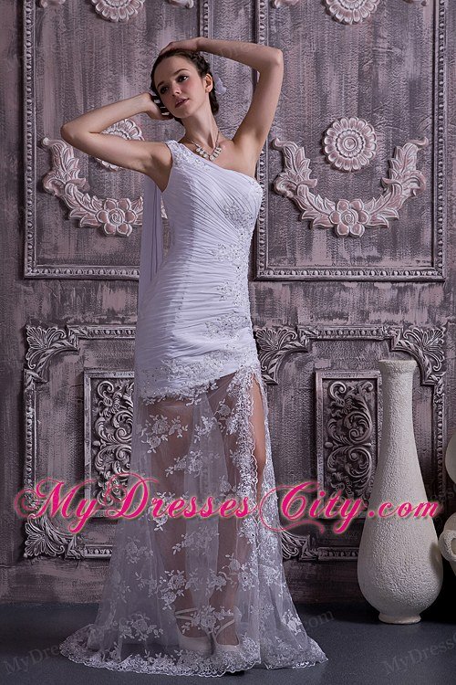 Single Shoulder Watteau Train Lace Appliques Summer Wedding Dress