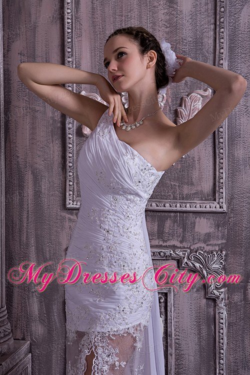 Single Shoulder Watteau Train Lace Appliques Summer Wedding Dress