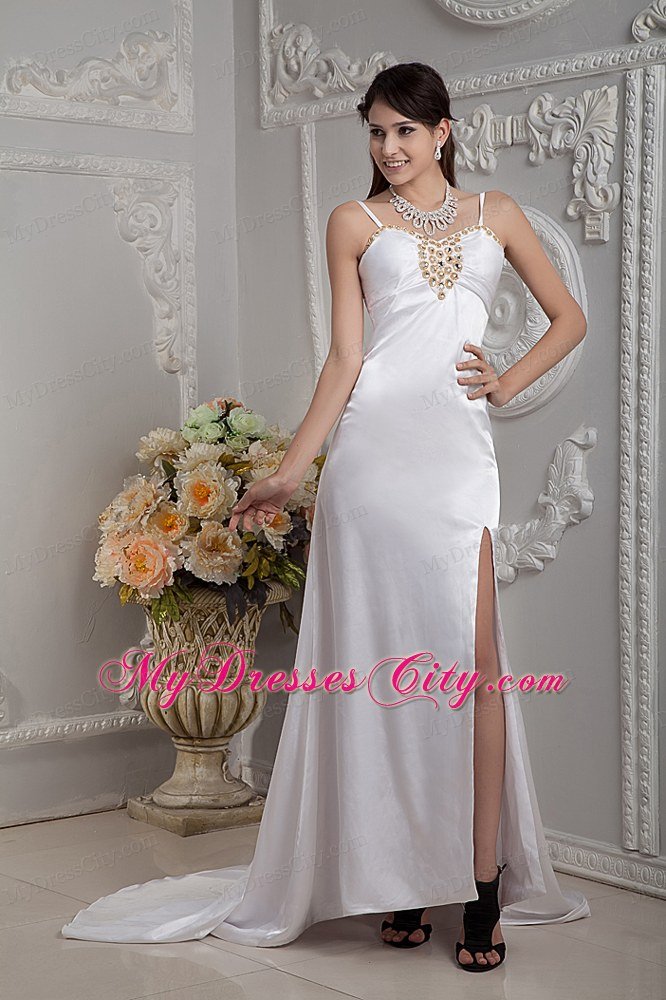 2013 Popular Column Straps Beading Wedding Dress with High Slit