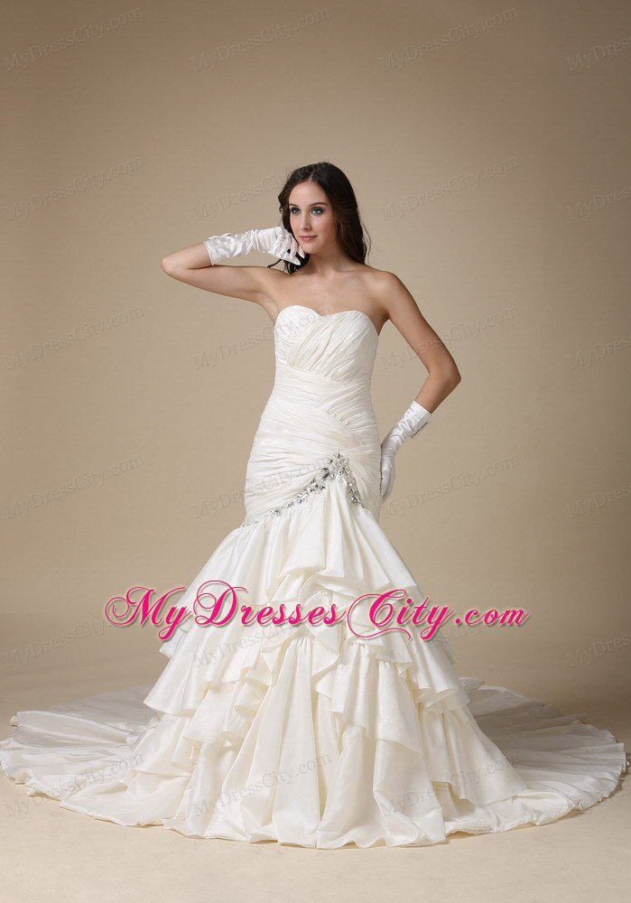 Sexy Mermaid Beading Ruffles Layers Chapel Train Wedding Dress
