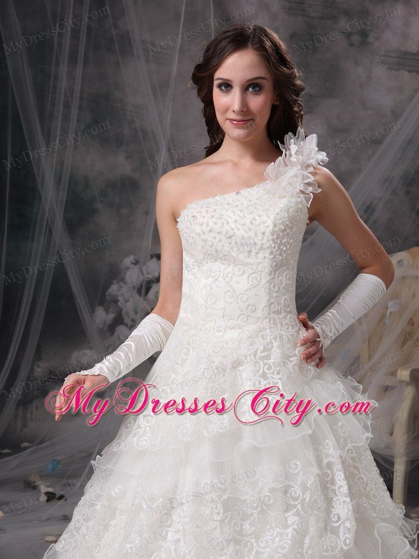 A-line Single Shoulder Flowers Lace Ruffles Layers Wedding Dresses