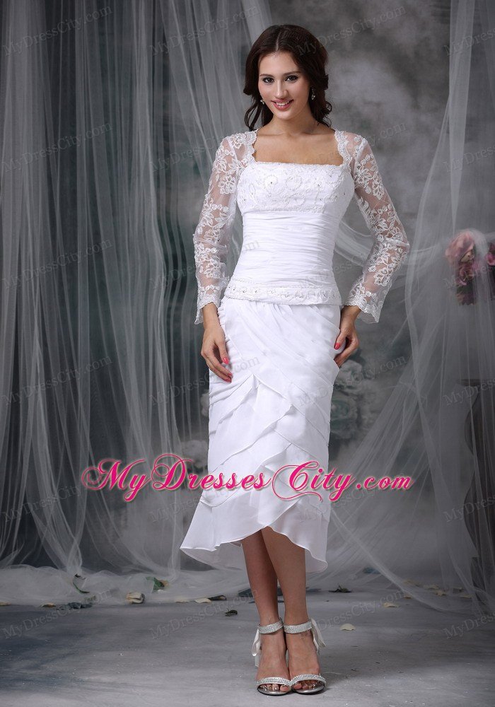 Sheathy Square Tea-length Tiers Lace Short Wedding Dress with Long Sleeves