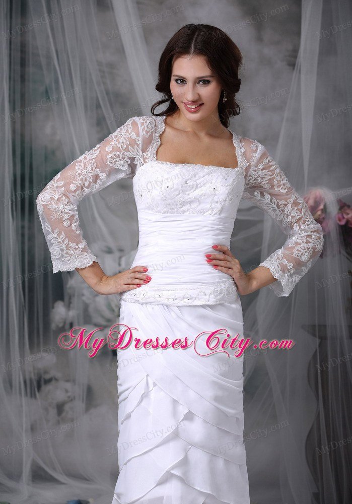 Sheathy Square Tea-length Tiers Lace Short Wedding Dress with Long Sleeves