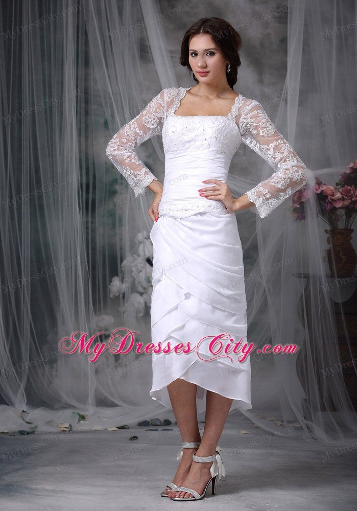 Sheathy Square Tea-length Tiers Lace Short Wedding Dress with Long Sleeves