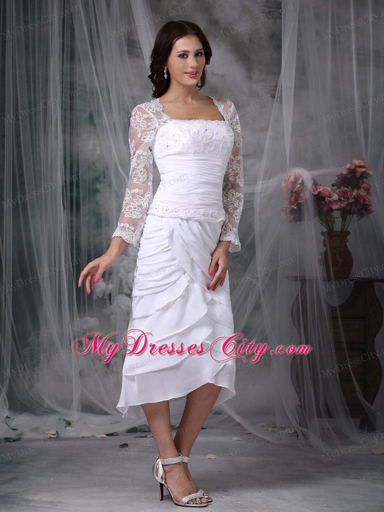 Sheathy Square Tea-length Tiers Lace Short Wedding Dress with Long Sleeves