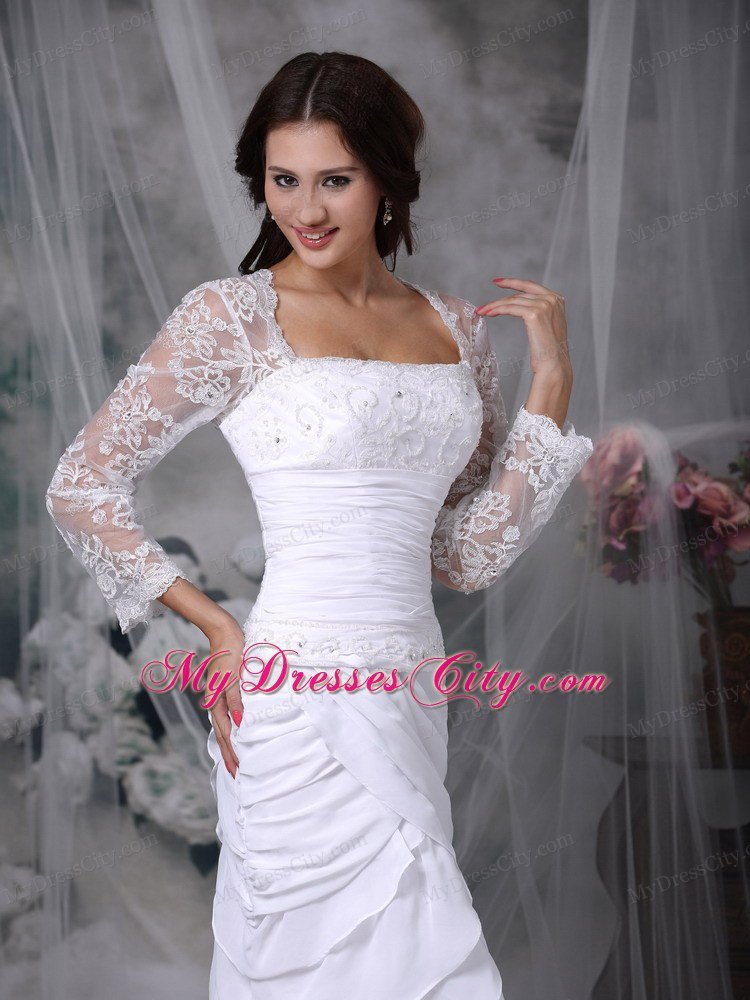Sheathy Square Tea-length Tiers Lace Short Wedding Dress with Long Sleeves