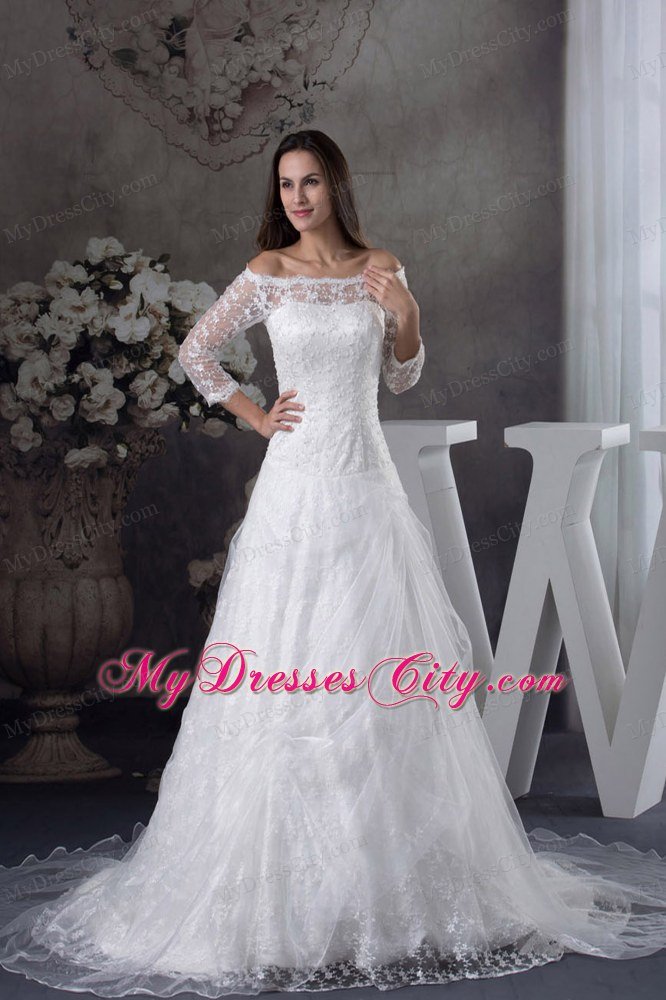 Off The Shoulder Lace Court Train Wedding Gowns with 3 4 Length Sleeves