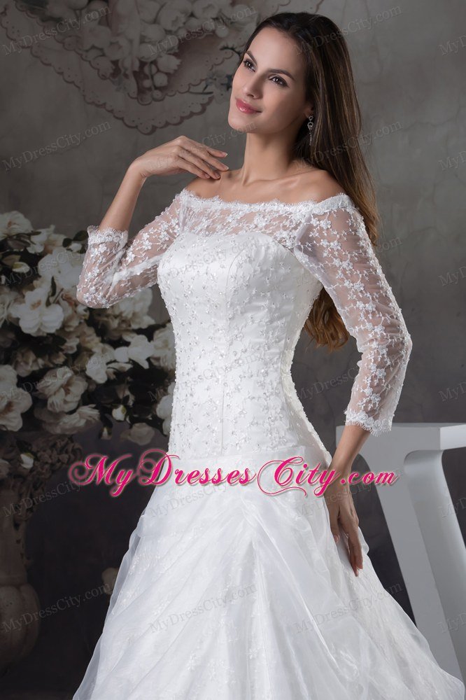 Off The Shoulder Lace Court Train Wedding Gowns with 3 4 Length Sleeves