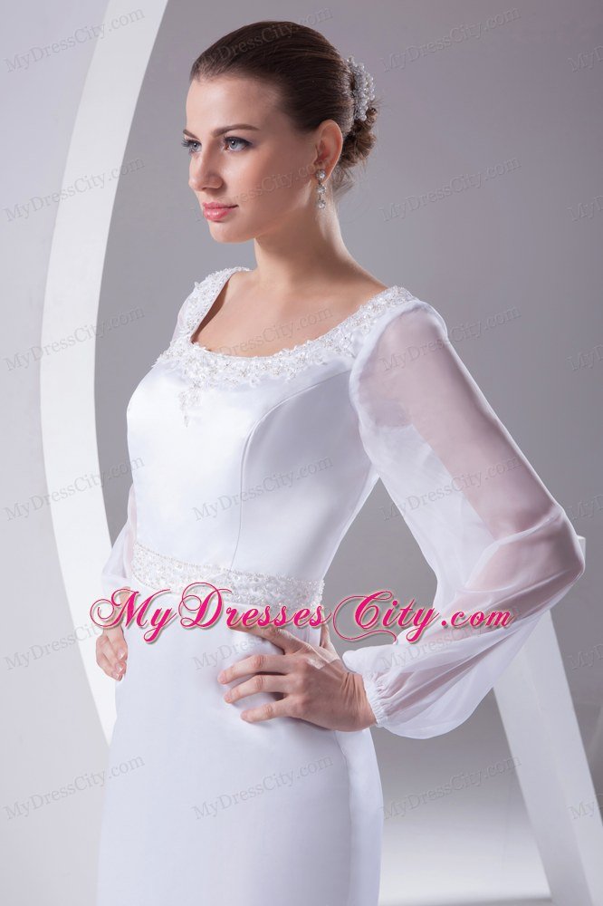 Long Sleeves Scoop Neck Court Train Beaded 2013 Wedding Anniversary Dress
