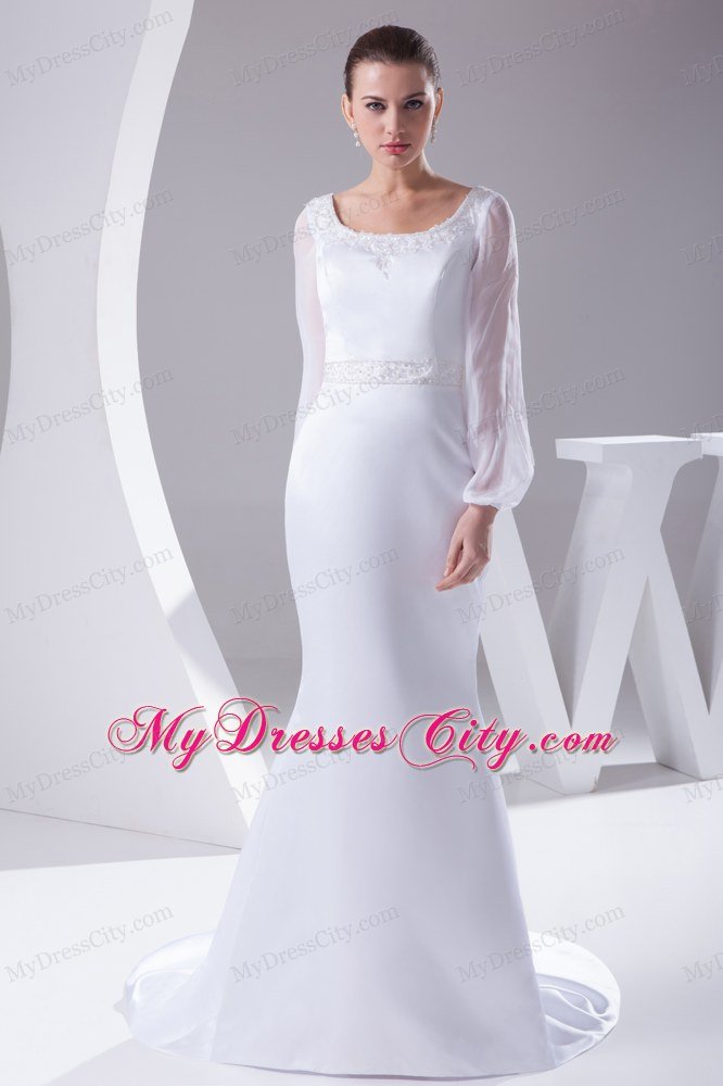 Long Sleeves Scoop Neck Court Train Beaded 2013 Wedding Anniversary Dress