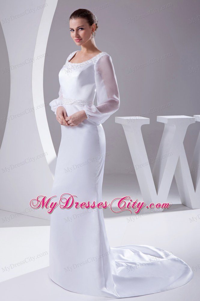 Long Sleeves Scoop Neck Court Train Beaded 2013 Wedding Anniversary Dress
