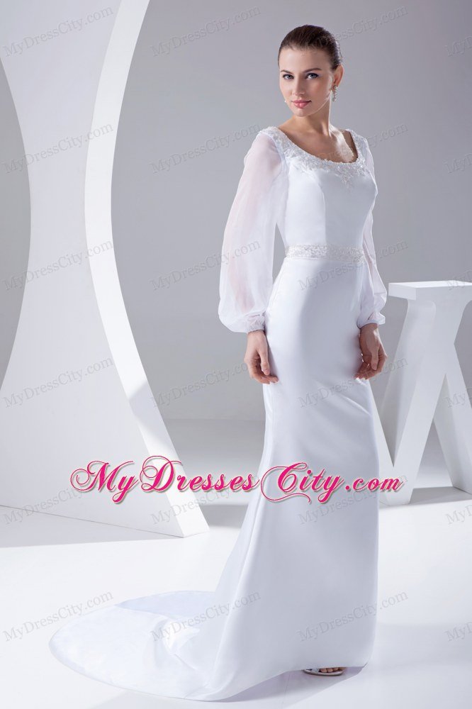 Long Sleeves Scoop Neck Court Train Beaded 2013 Wedding Anniversary Dress