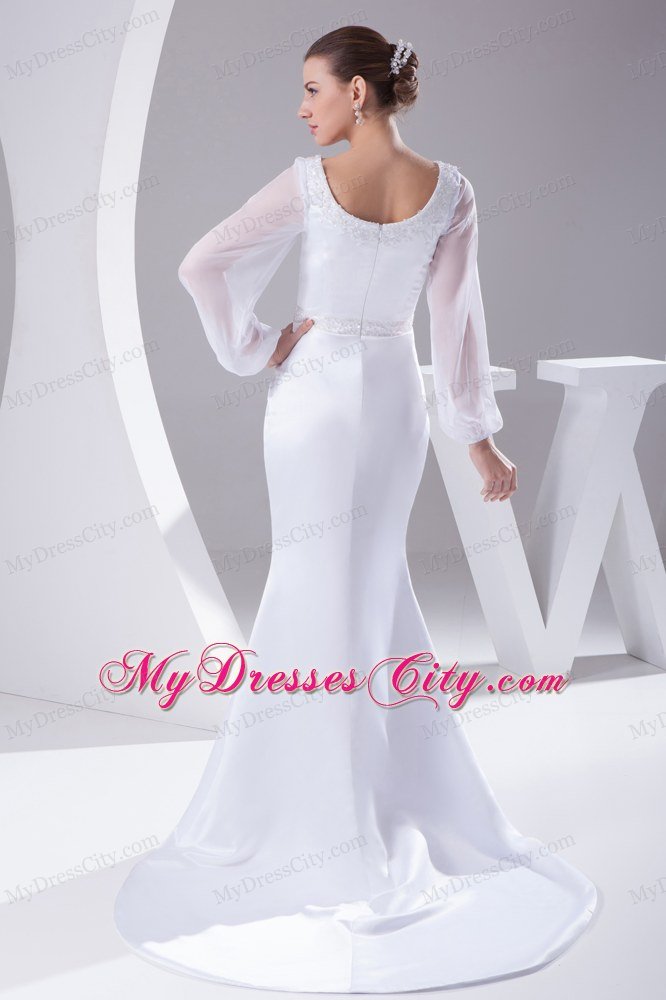 Long Sleeves Scoop Neck Court Train Beaded 2013 Wedding Anniversary Dress