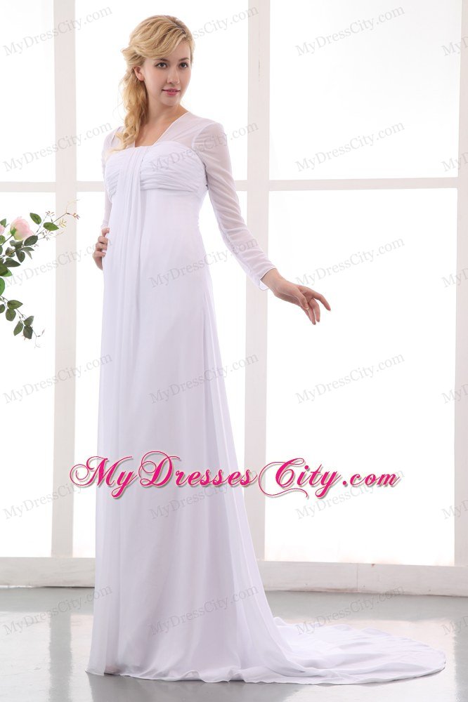 Simple Empire Square Long Sleeves Brush Train Chiffon Maternity Wedding Dress