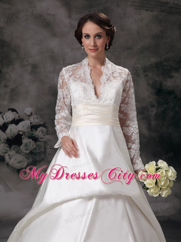 Luxurious Lace Long Sleeves Aline Church Wedding Dresses with Sheer