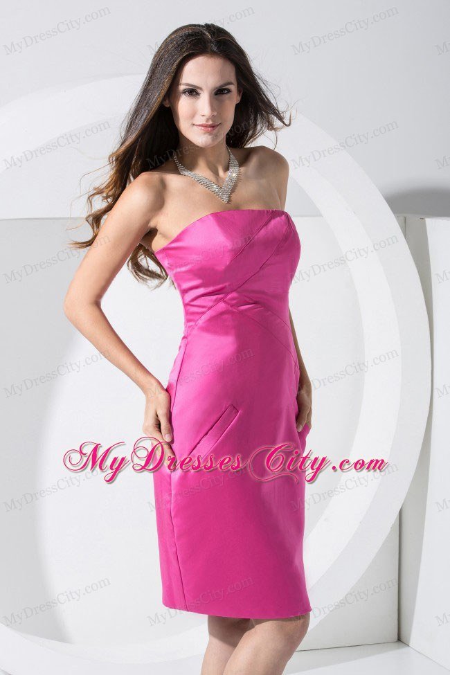 Hot Pink Strapless Knee-length Dress for Nightclub with Pockets