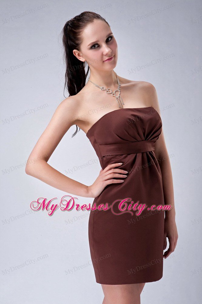 Custom Made Minilength Satin Brown Ruched Strapless Club Dress
