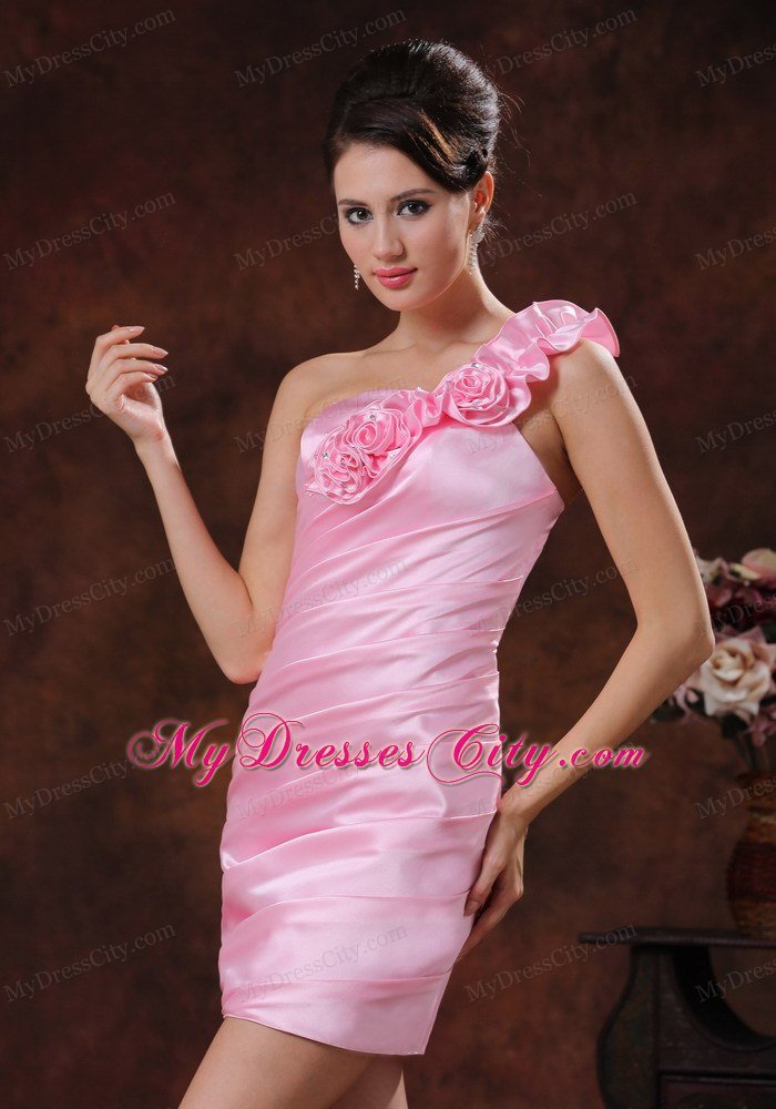 Flowery One Shoulder Rose Pink Club Wear With Diagonal Ruche