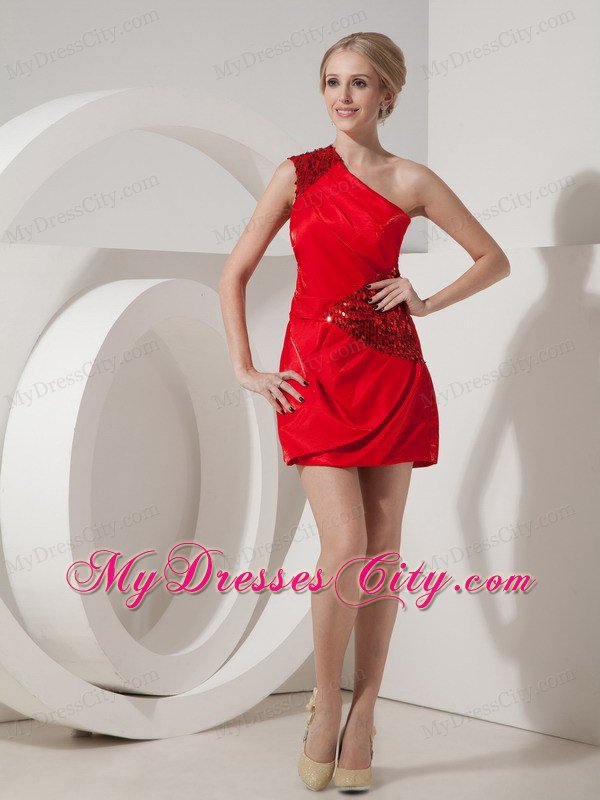 Short Paillette Red Ruched Single Shoulder Nightclub Dress