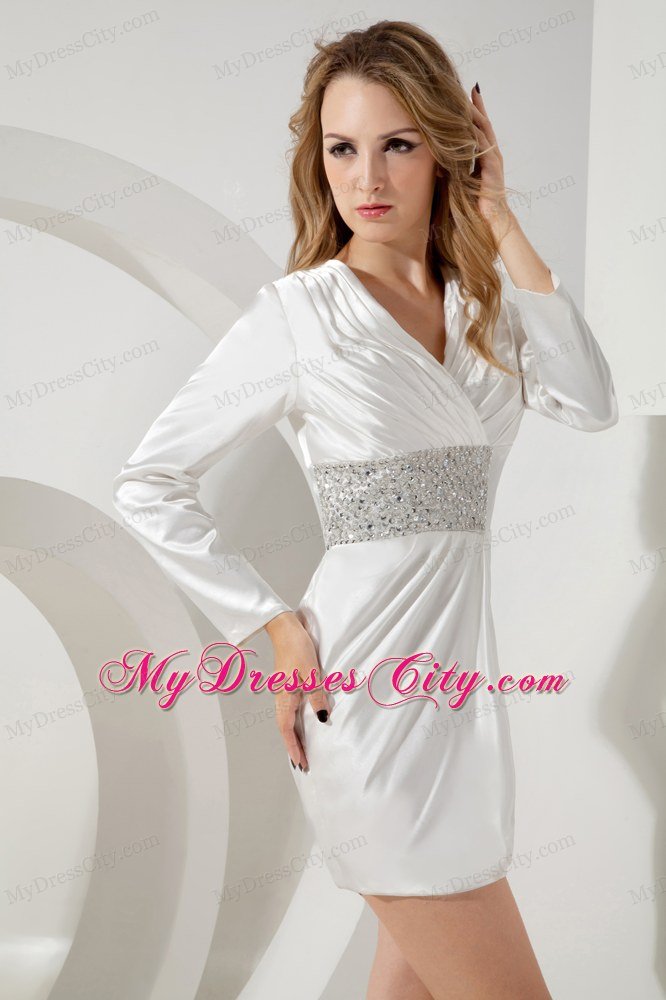 Short White Beaded V-neck Nightclub Dress with Long Sleeves