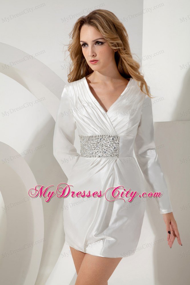 Short White Beaded V-neck Nightclub Dress with Long Sleeves