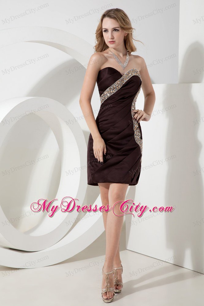 Brown Sheath Beaded Satin Dress in Minilength